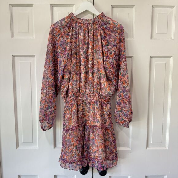 Lavender Brown Dress Smocked Long Sleeves Elastic Waist Tiered Floral Medium EUC - Picture 3 of 15